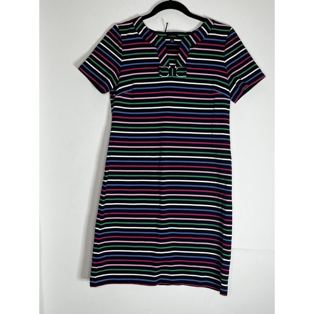 Talbots Shift Dress Women's M Multicolor Stripe Knit Short Sleeve Keyhole Neck